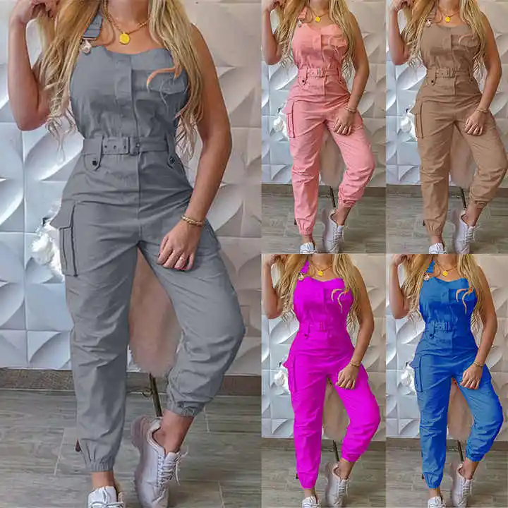 best selling products 2023 Women's Workwear Jumpsuit Belt Sleeveless Overalls Simple Confined Foot Pants