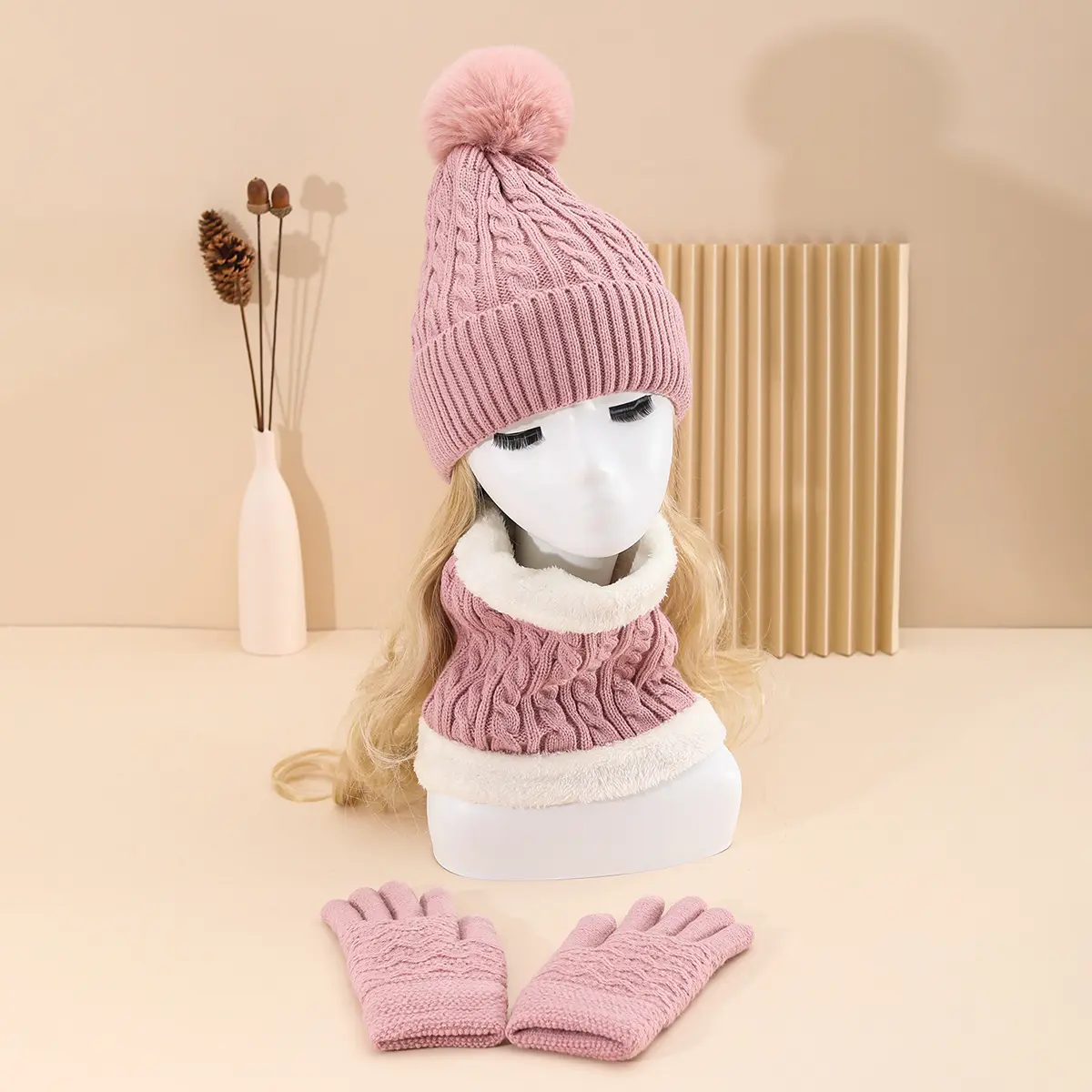 럭셔리 기모 두꺼운 겨울 따뜻한 비니 단색 봉제 니트 양모 장갑 스카프 3 종 세트 모피 공 차가운 모자