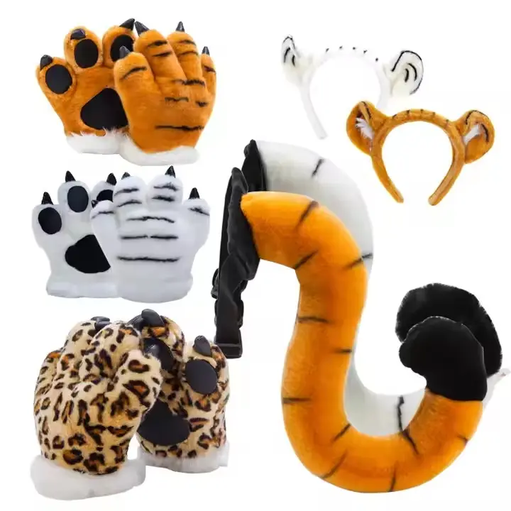 Tiger Tail Children's animal toy props Tiger paw doll plush gift leopard hair hoop throw pillow cushion cosplay