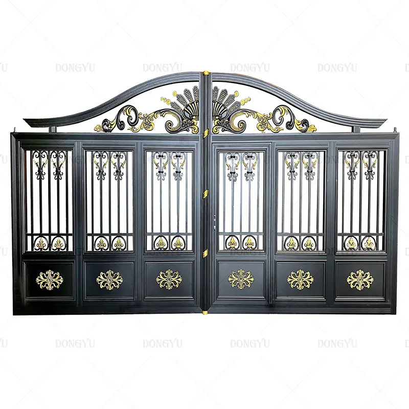 Puerta delantera de cristal de arte francés doble arqueada, puerta de hierro forjado soldada para el hogar, puerta principal de aluminio fundido, puerta de aluminio fundido