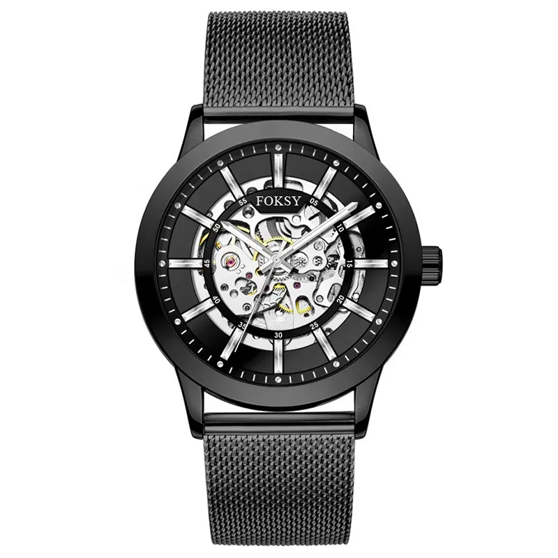 Montre pour homme, ossature avec Logo personnalisé, mouvement automatique, noir, accessoire de mode