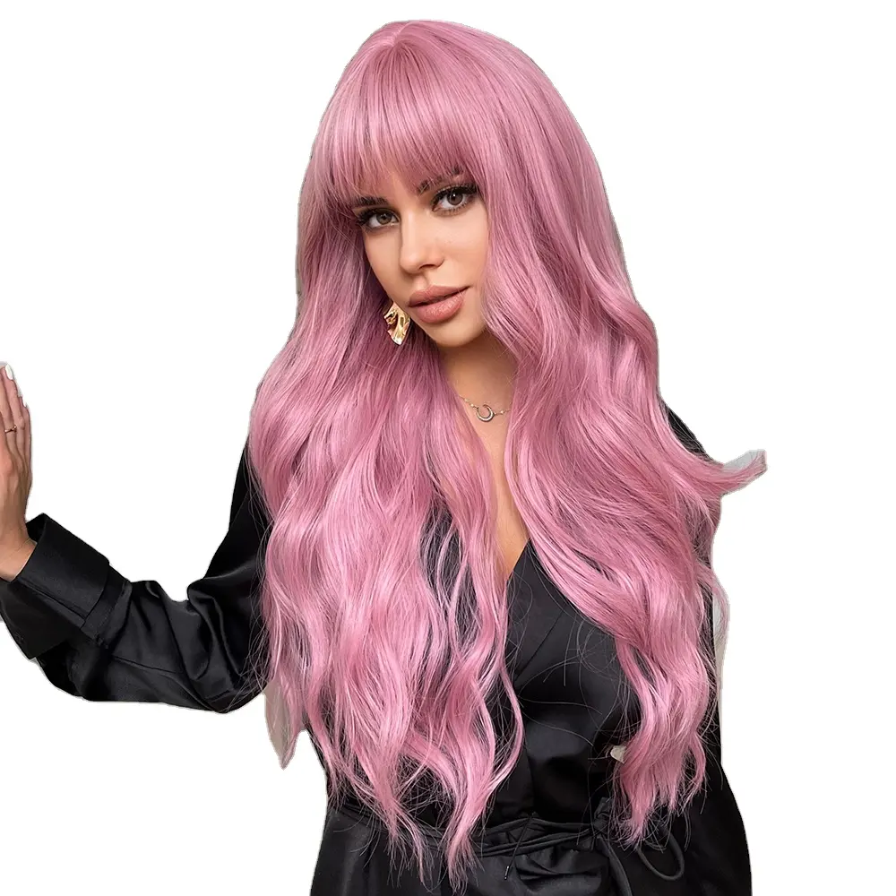 Parrucche per capelli rosa ondulate lunghe naturali all'ingrosso con frangia per le donne festa Cosplay sintetica uso quotidiano parrucche frontali HD testa