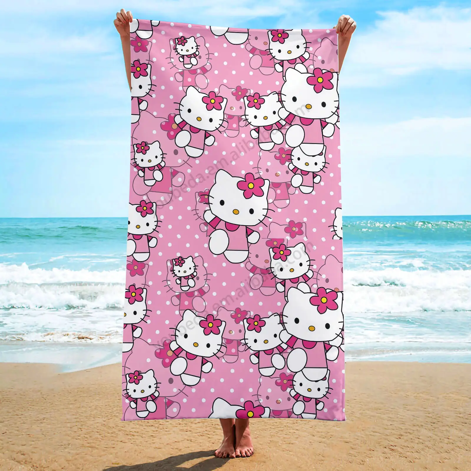 Toalha de praia reciclada de algodão supermacio leve para crianças, produtos de verão 2024, gatinho personalizado de desenho animado