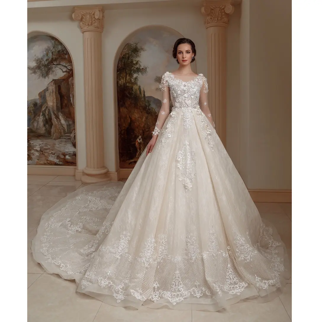 Abito da sposa romantico abito da ballo in pizzo di lusso nuovo stile manica lunga classico per la sposa Plus Size