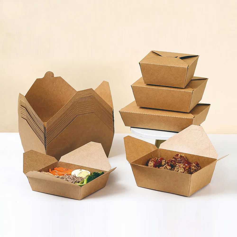 Aangepaste Biologisch Afbreekbare Lunch Gebakken Kip Om Te Gaan Halen Papieren Doos Afhaalbare Kraftpapier Container Dozen Voor Fastfood Verpakking