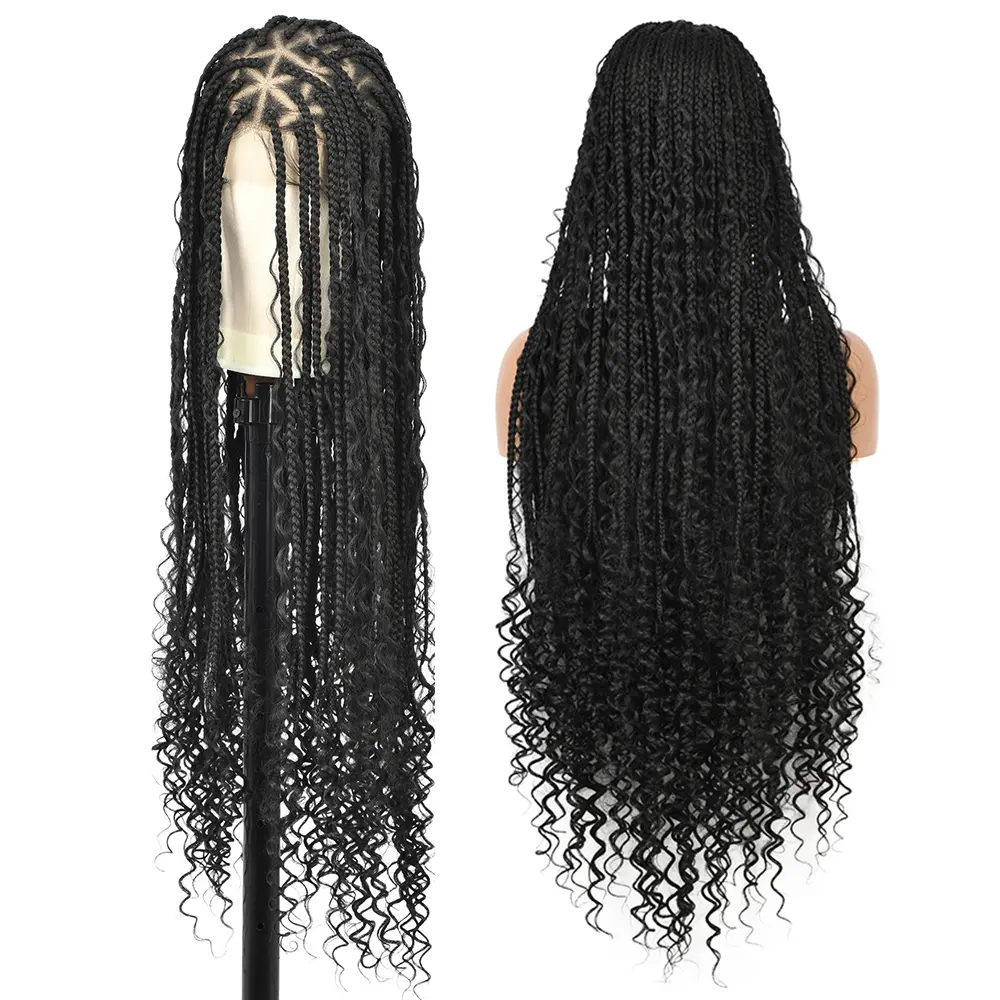 Pelucas trenzadas bohemias sin nudos triangulares de 36 "para mujer, peluca de Pelo trenzado largo Natural sin pegamento, pelucas de encaje completo Doble