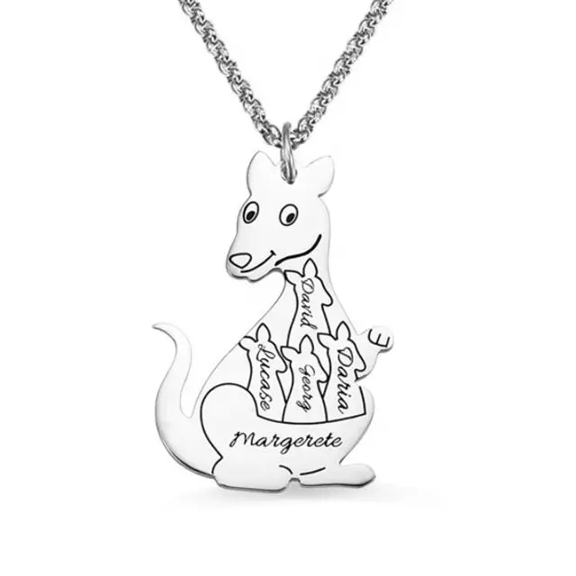 Yiwu Aceon acier inoxydable famille maman bijoux personnalisé forme animale solide blanc personnalisé texte kangourou famille pendentif