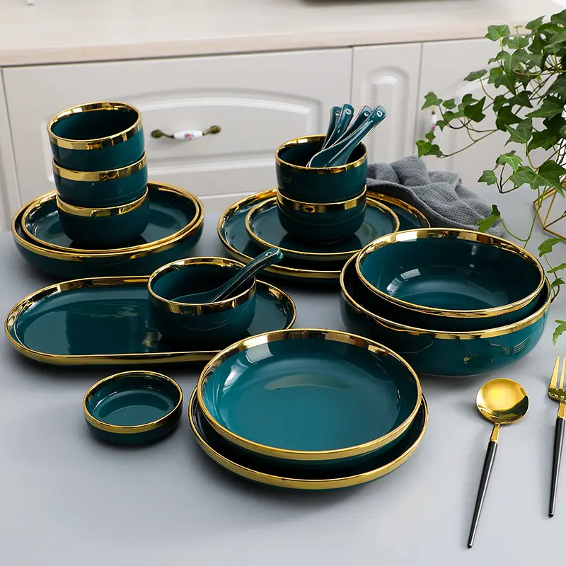 Luxury Ceramic Dinnerware Set for Restaurant   Hotel Elegant Green round Dinner Plates Dishes Salad Soup Bowl Party Occasions