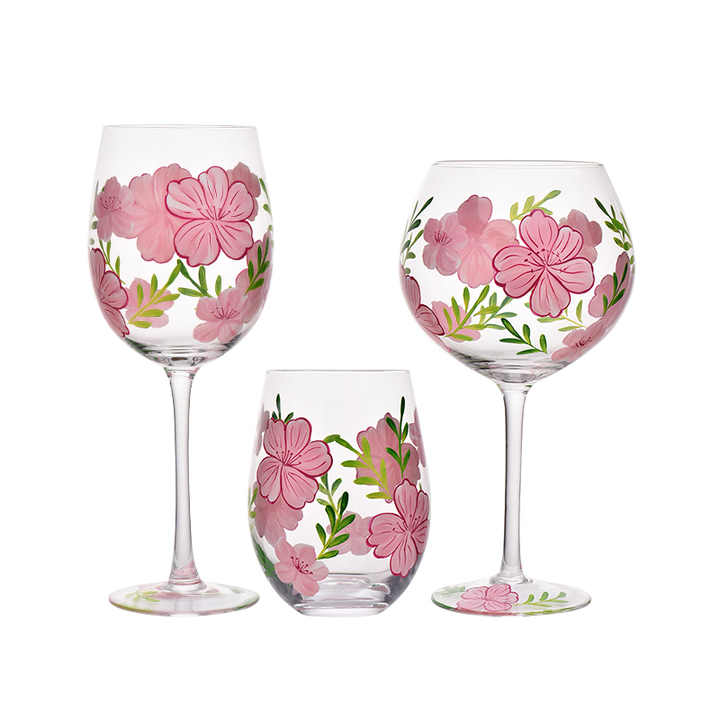 Copas de vino tinto blanco pintadas a mano, Juego de 3 vasos de vidrio con diseño de flores, juego de copas de vino Vintage grande