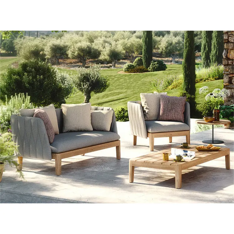 Ensembles de meubles de salon d'extérieur de luxe tissés par corde de jardin moderne canapé et table basse en bois de teck tissés en rotin