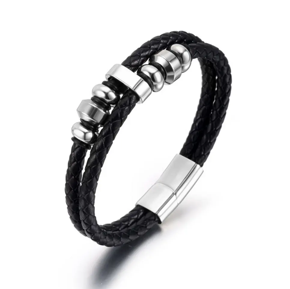 2020 nuovi arrivi design fai da te perline personalizzate in acciaio inossidabile con logo inciso chiusura bracciale in pelle nera intrecciata per gioielli da uomo