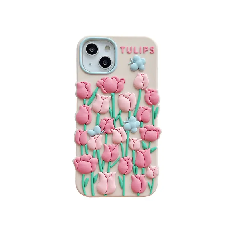 Korea Schattige 3d Tulpenbloem Vlinder Telefoonhoesje Voor Iphone 15 14 13 12 11 Pro Xs Max X Xr 7 8 Plus Se 3 Siliconen Zachte Achterkant