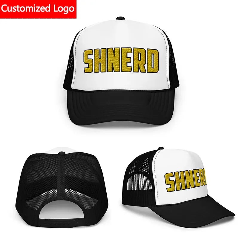 Gorra de malla con ala curva de 5 paneles con logotipo bordado en 3D de alta calidad personalizada, gorra de camionero de espuma