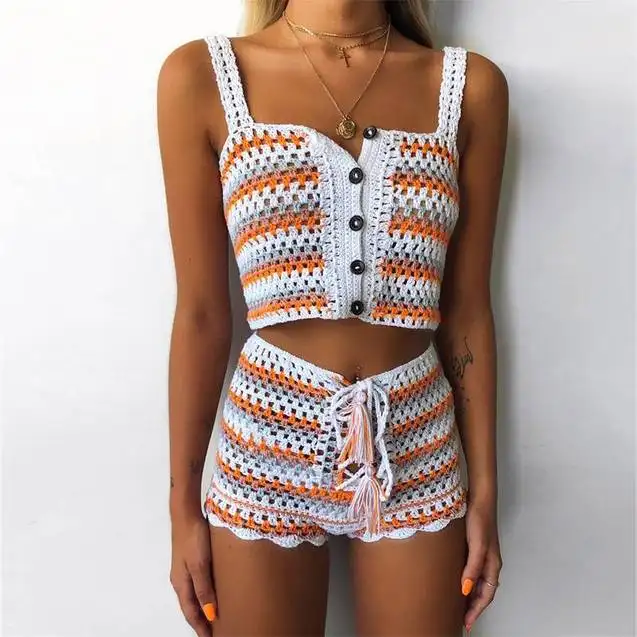 Custom Summer praia Crochet Shorts Sweater Set Mulheres Handmade crochet knit crop top e camisola calça curta set para as mulheres