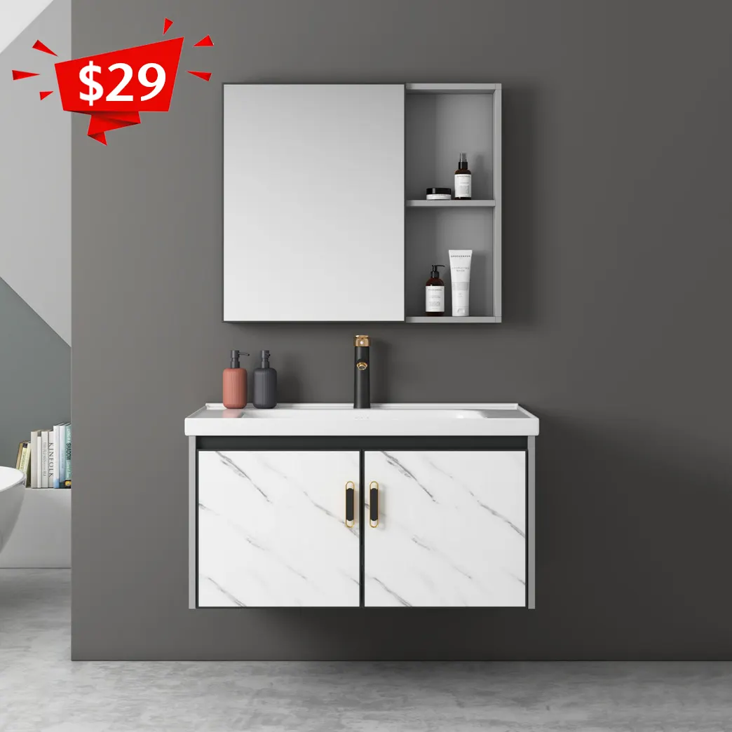 Design in marmo all'ingrosso a buon mercato moderno in alluminio galleggiante a parete singolo lavabo vanity cabinet set per bagno con lavandino