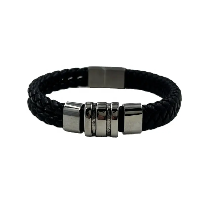 New trend Male Jewelry Stainless steel Handmade Braided Leather Bracelet