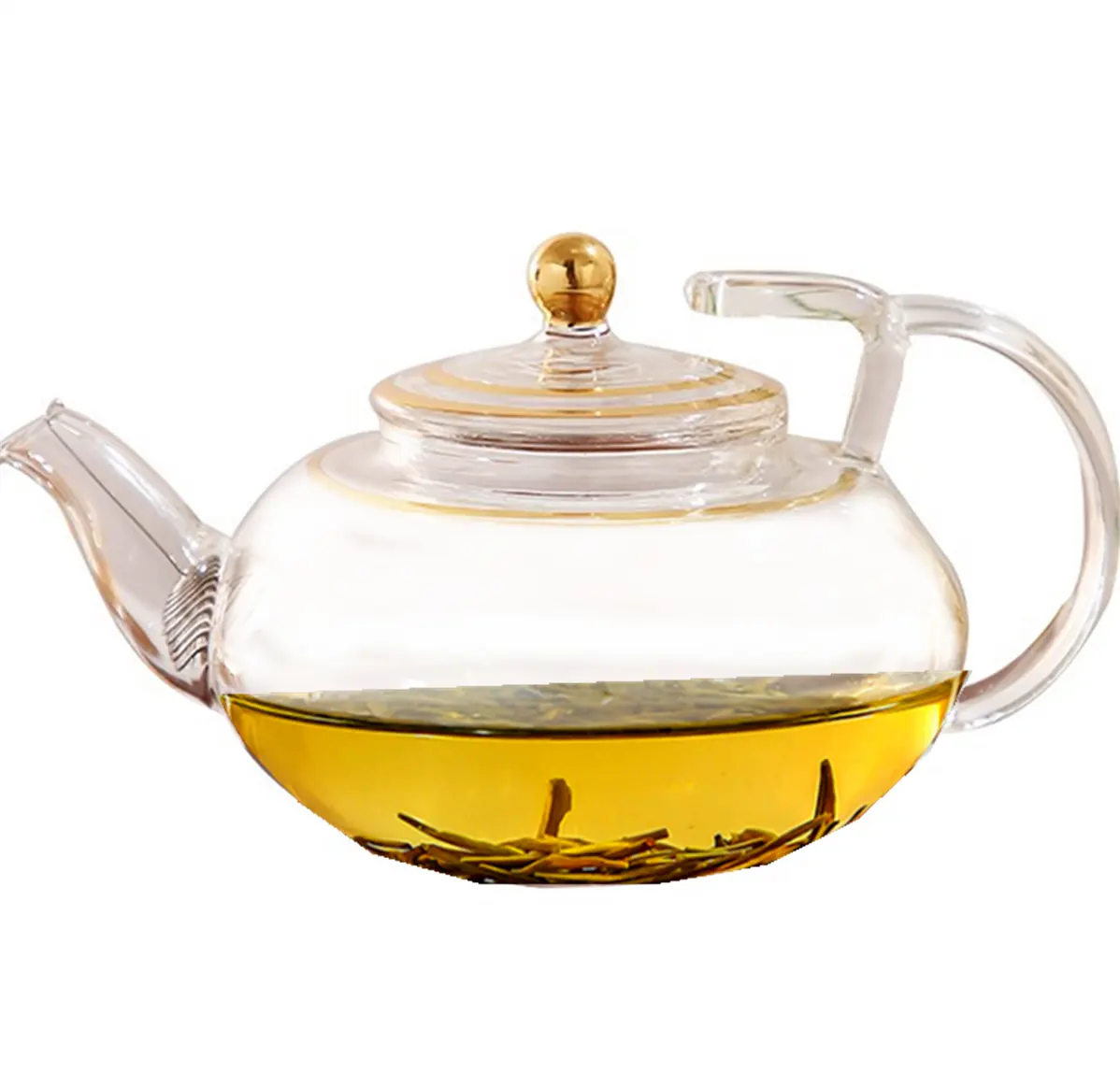 Juego de té de cristal, tetera de flores de cristal, olla plana, juegos de café y té, venta al por mayor, vidrio OEM personalizado para todas las estaciones, transparente/dorado, a la moda, 500ml