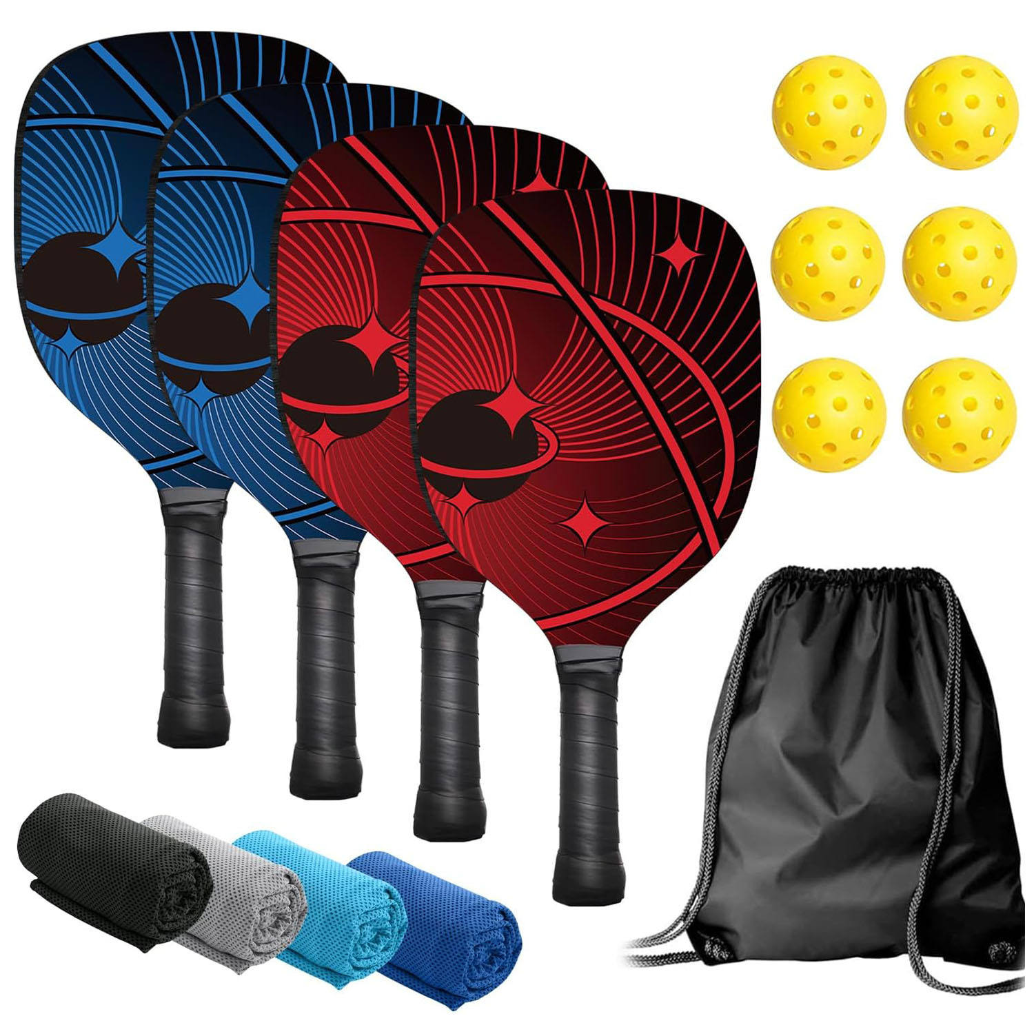 4 raquetas, 6 pelotas, 4 toallas, 1 bolsa con cordón