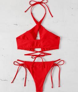 Roupa de natação vermelha com gola alta, laços longos sexi lady <span class=keywords><strong>micro</strong></span> biquíni brasileiro