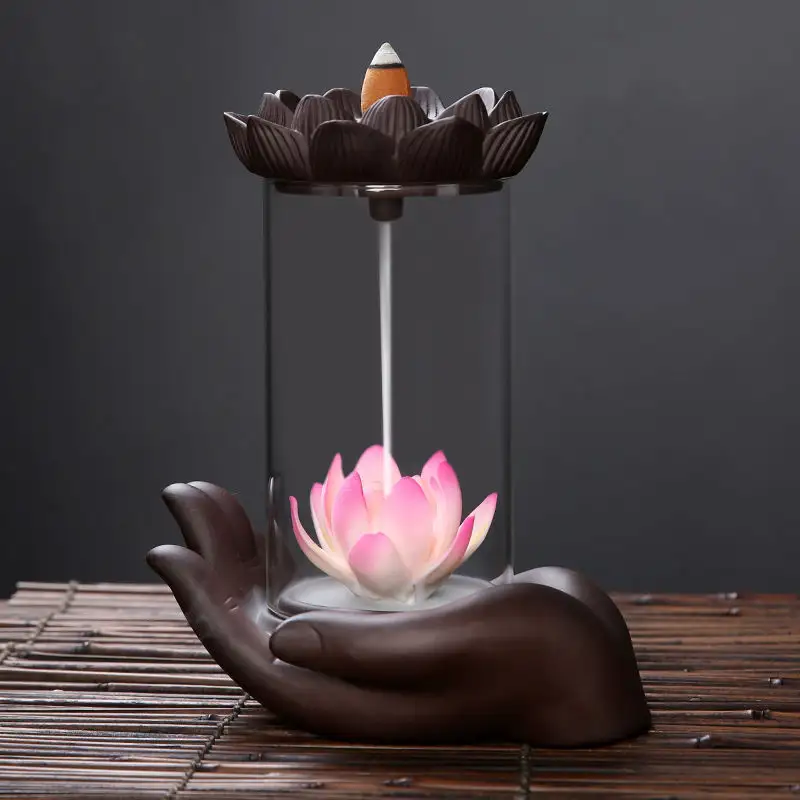 Buda lotus zen geri akış cense tutucu yoga yaratıcı şeffaf tütsü şelale brülör akrilik süsler hediye toptan için