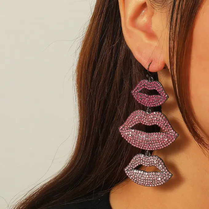 Conjunto de collar y pendientes con labios de cristal grandes para mujer, aretes colgantes de gota grandes, joyas de diamantes de imitación, joyería de lujo al por mayor