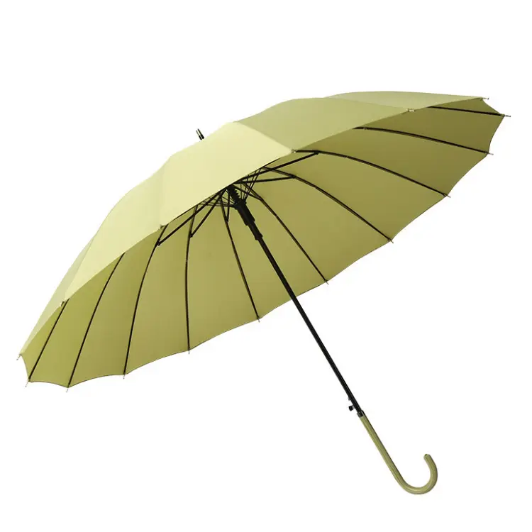 Paraguas recto con mango J de cuero de color liso, paraguas de mujer de palo largo automático de 16 costillas, paraguas recto de Golf firme a prueba de viento