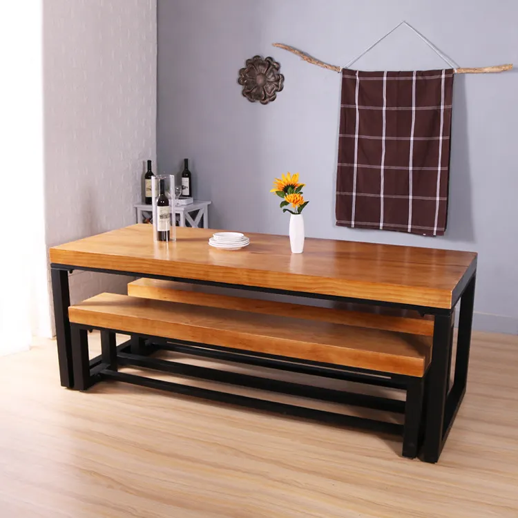 Mesa de madeira sólida, mesa de madeira sólida vintage estilo industrial americano moderno compacto combinação de cadeiras de mesa de ferro