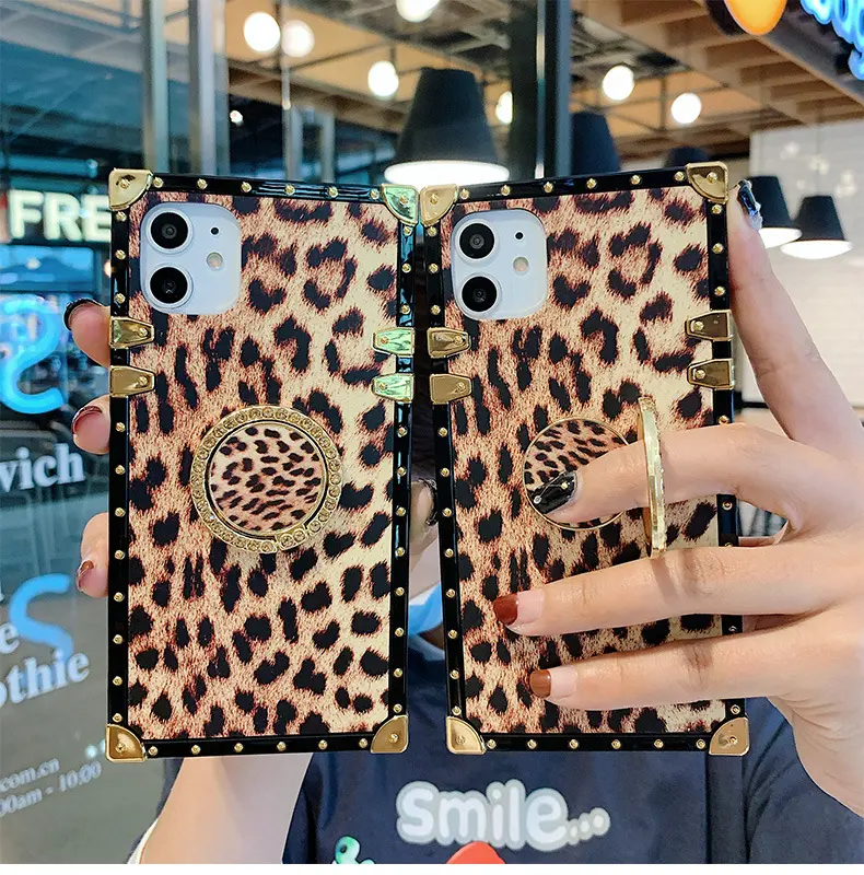 Rhinestones telefon yüzük standı leopar kare moda telefon Iphone kılıfları 14 Pro Max 13 11 12 Mini