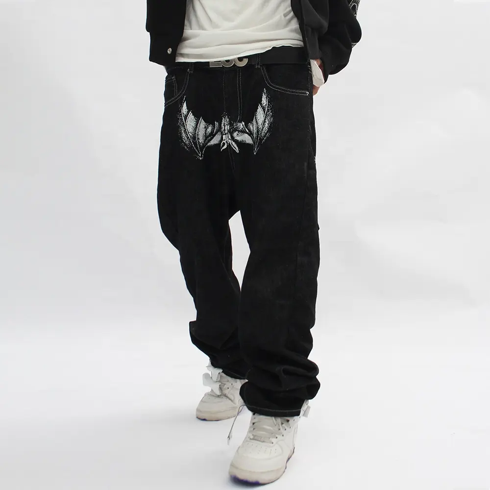 Benutzer definierte Logo Herren Print Jeans Hip Hop Loose Baggy Streetwear Großhandel Hochwertige Cool Washed Black Men Denim Pants