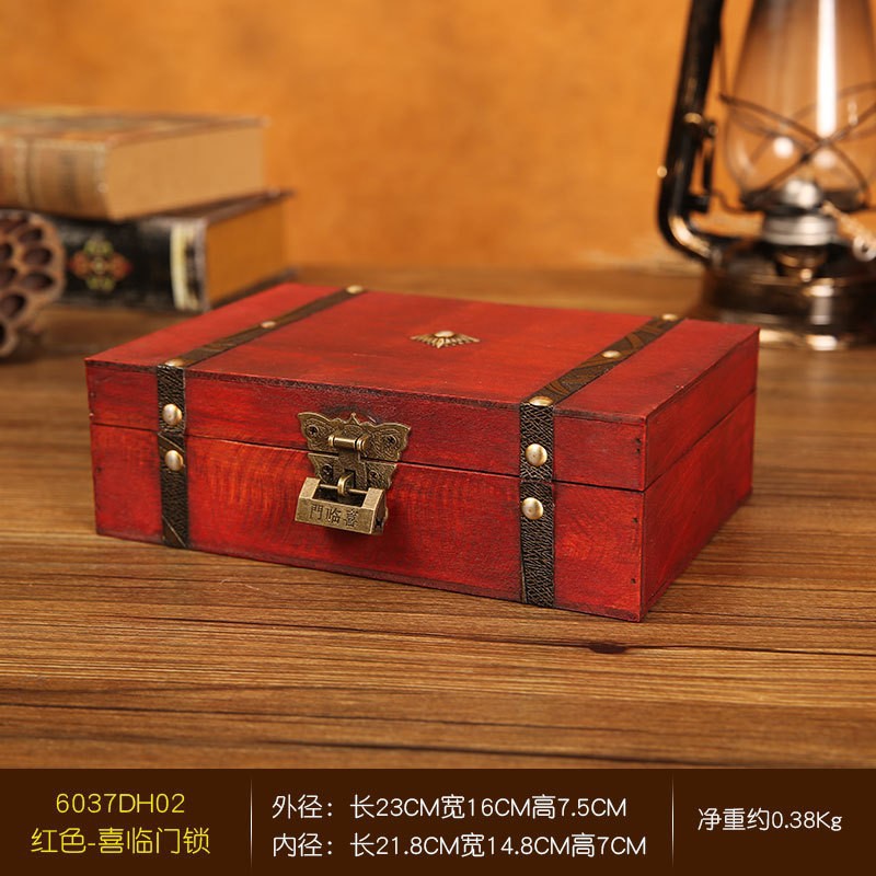 6037-DH02-Caja de madera roja con cerradura vintage-18.95