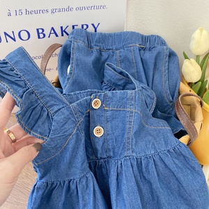 女孩服装套装夏季时尚女孩牛仔布露肩上衣卡普里裤牛仔裤儿童婴儿儿童服装套装