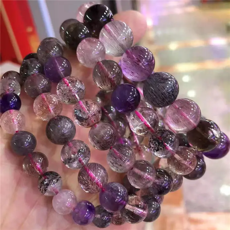 A buon prezzo naturale super 7 sette perle tonde di pietra viola cristallo dorato fragola Chakra braccialetto gioielli di moda