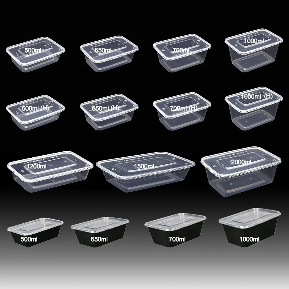 Vendita calda 500ml 650ml 1000ml trasparente nero rettangolare usa e getta scatola per alimenti, contenitori per alimenti in plastica per microonde