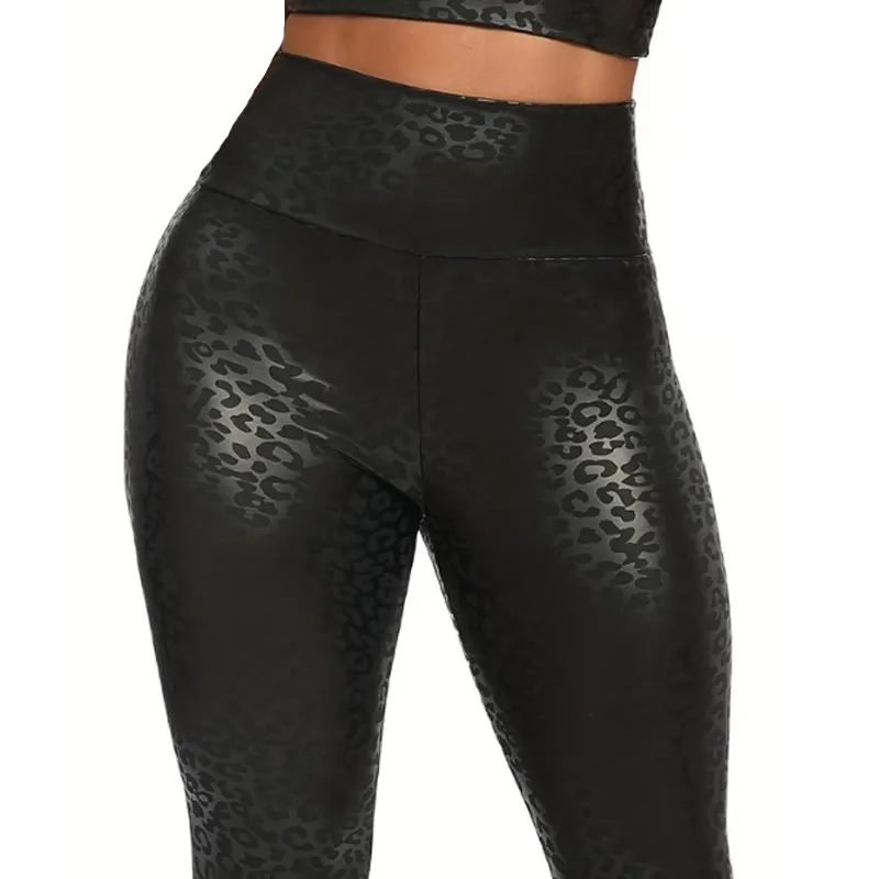 S-XXL Maigre Brillant En Cuir Fitness Yoga Pantalon Butt Lift Compression Léopard Leggings Femmes Super Cool Leggins