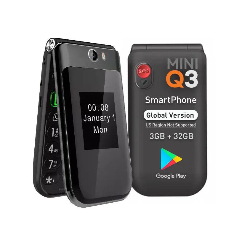 Version globale Q3 Android double écran 4G téléphone mobile intelligent 3GB + 32GB prend en charge Google store smartphone Flip phone