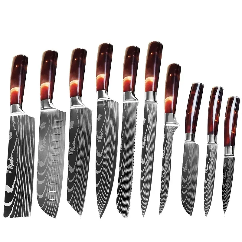 10% de descuento en juegos de cuchillos de cocina japoneses de acero damasco con logotipo personalizado, 10 Uds. Juego de cuchillos de chef Damasco para vendedor de Amazon