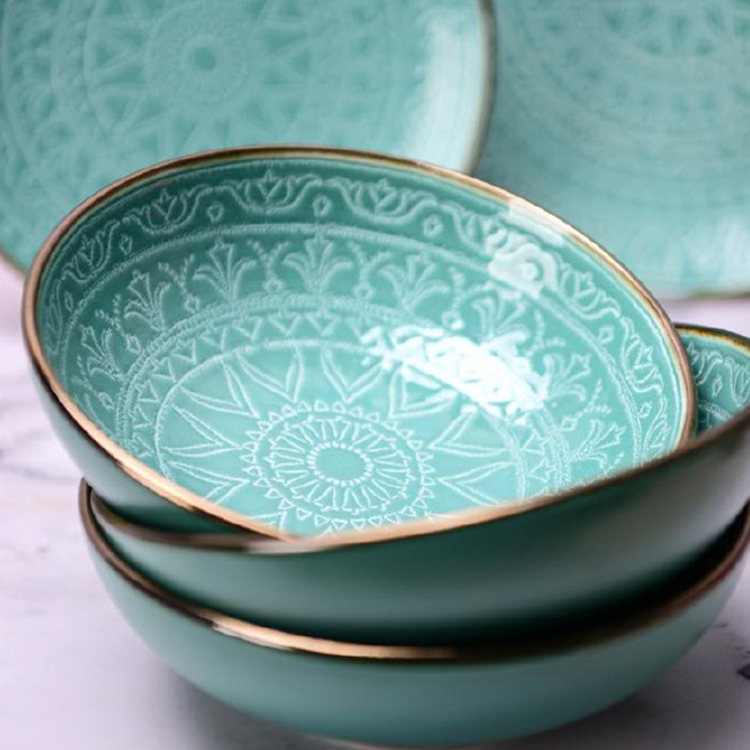 Hot sale Blue Green Brown PAD Printing Stoneware 18PCS Dinnerware Set luxury ceramic dinner set dinnerware for home