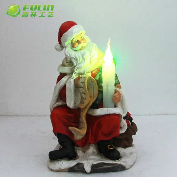 30cmH Resin Christmas Santa Clause Statue Led luminous lighting Santa with Candle Sculpture for Christmas Ornaments