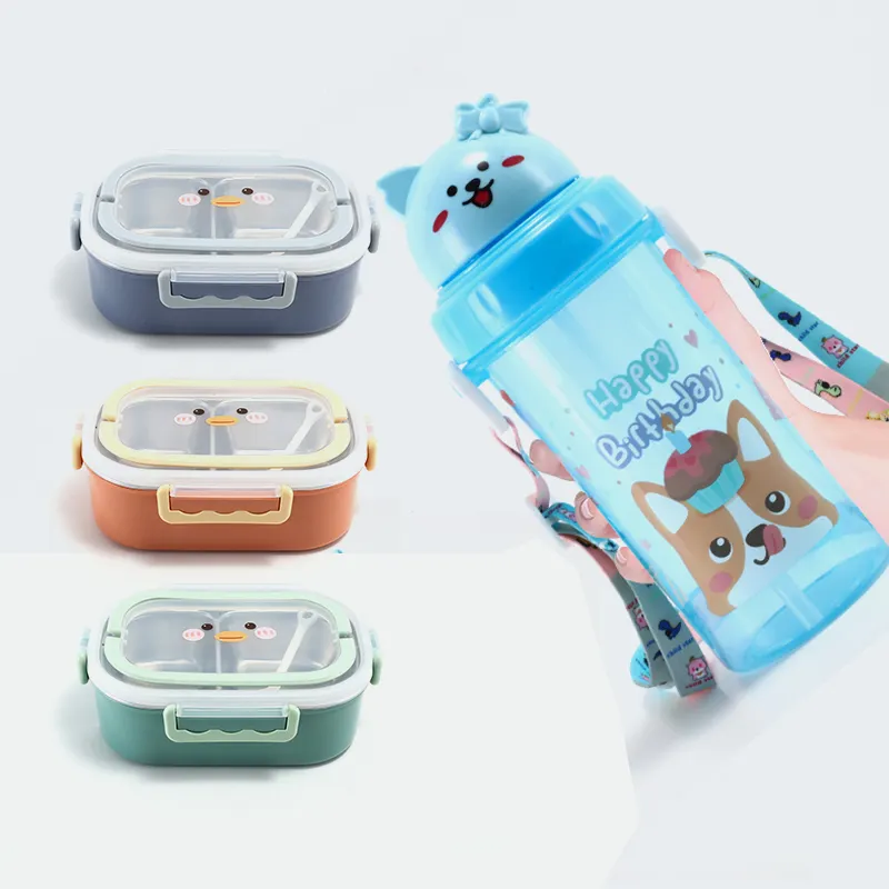 Custom New Design Children School Kids Leakproof Lunch Box Bento Set With Straw Bottle