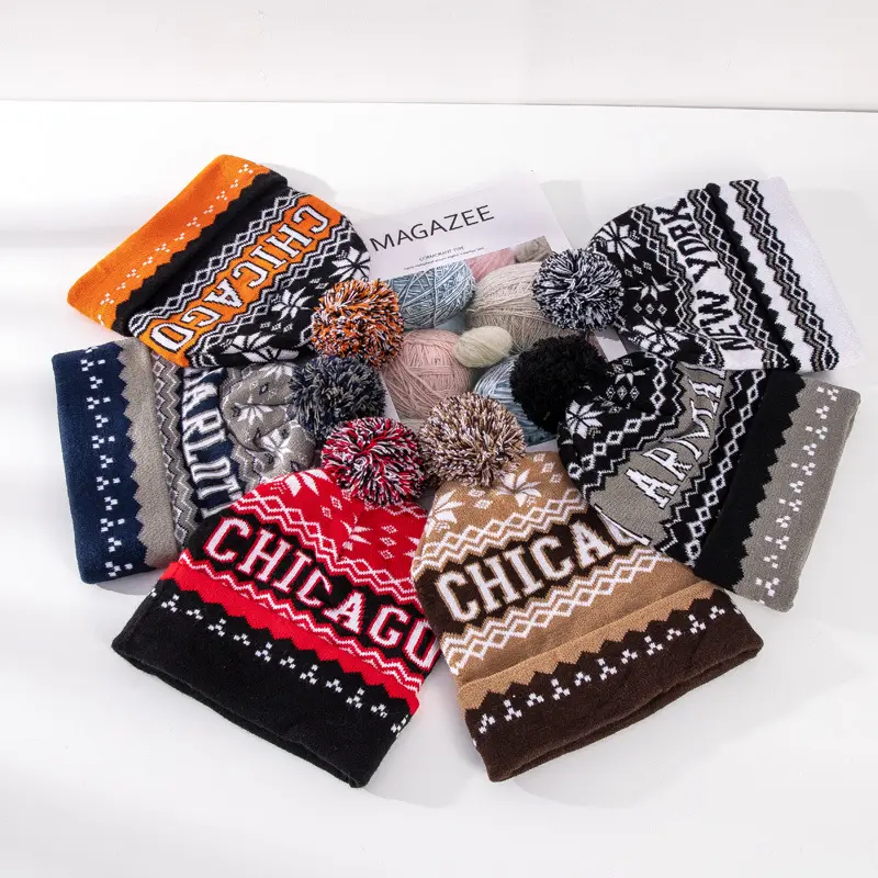 Custom winter knitted warm hat jacquard hairball football fan beanie manufacturers