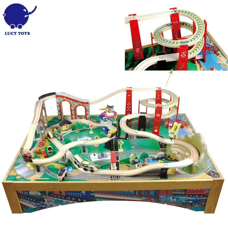 2023 Mountain Bridge Rail bambini treno pista auto giocattolo in legno ferrovia con tavolo da gioco
