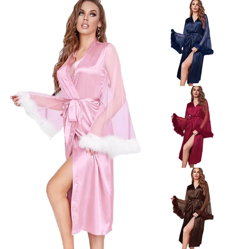 2023 Patchwork voir à travers maille ceinturé Sexy Robe col en V manches florales dames mariage Lingerie Satin soyeux pyjamas avec plumes