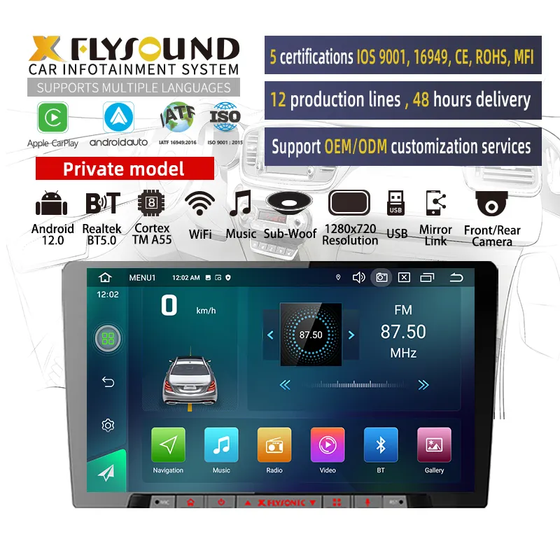 Flysonic nuovo modello ODM/OEM carplay schermo Android 10 sistema 9 pollici lettore stereo auto 2 din lettore dvd Android autoradio