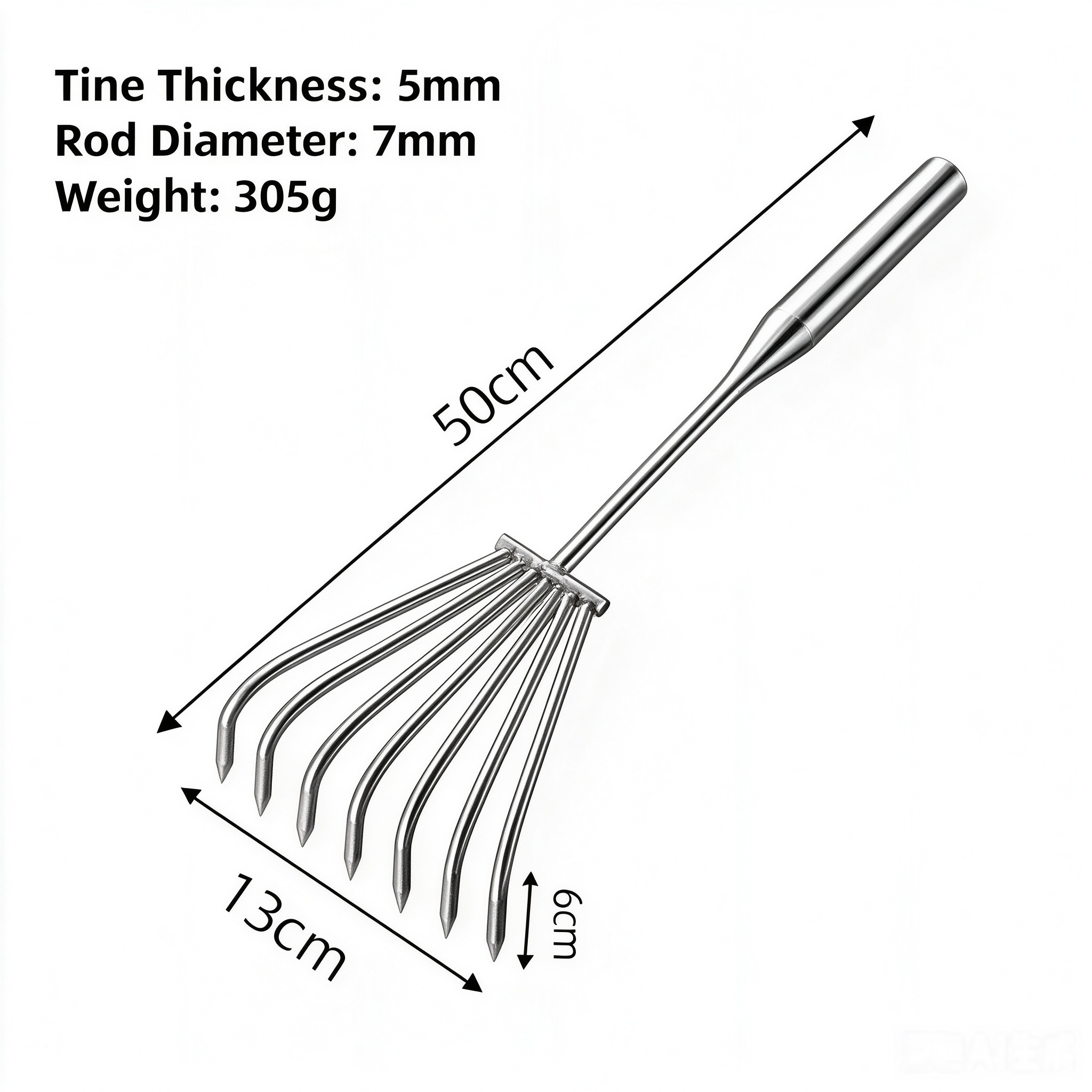 Rateau de jardin monobloc en acier inoxydable à 7 dents, 50 cm (305 g)
