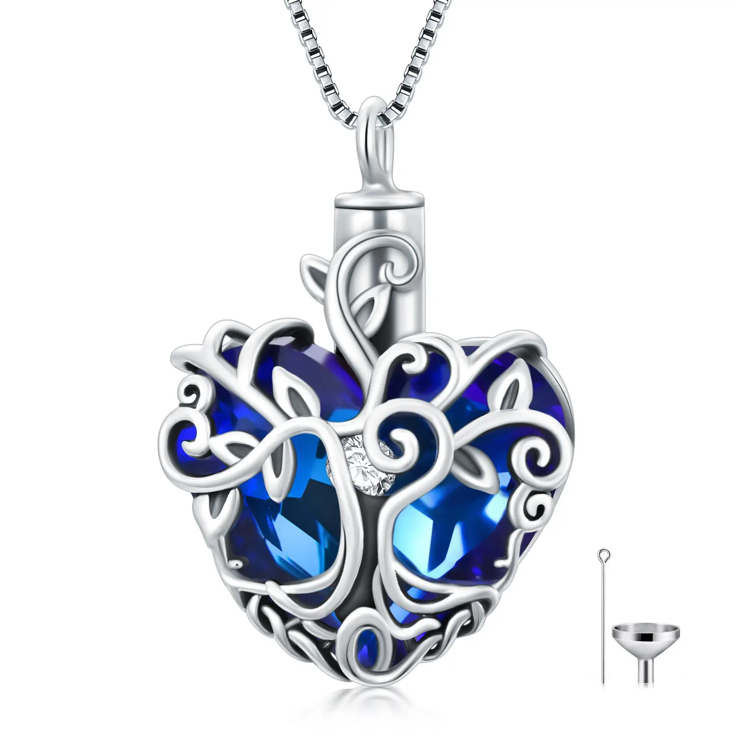 925 Corazón Azul cristal Árbol de la vida chapado óxido de plata recuerdo cenizas conmemorativo cremación joyería nudo celta urna para Mujeres Hombres