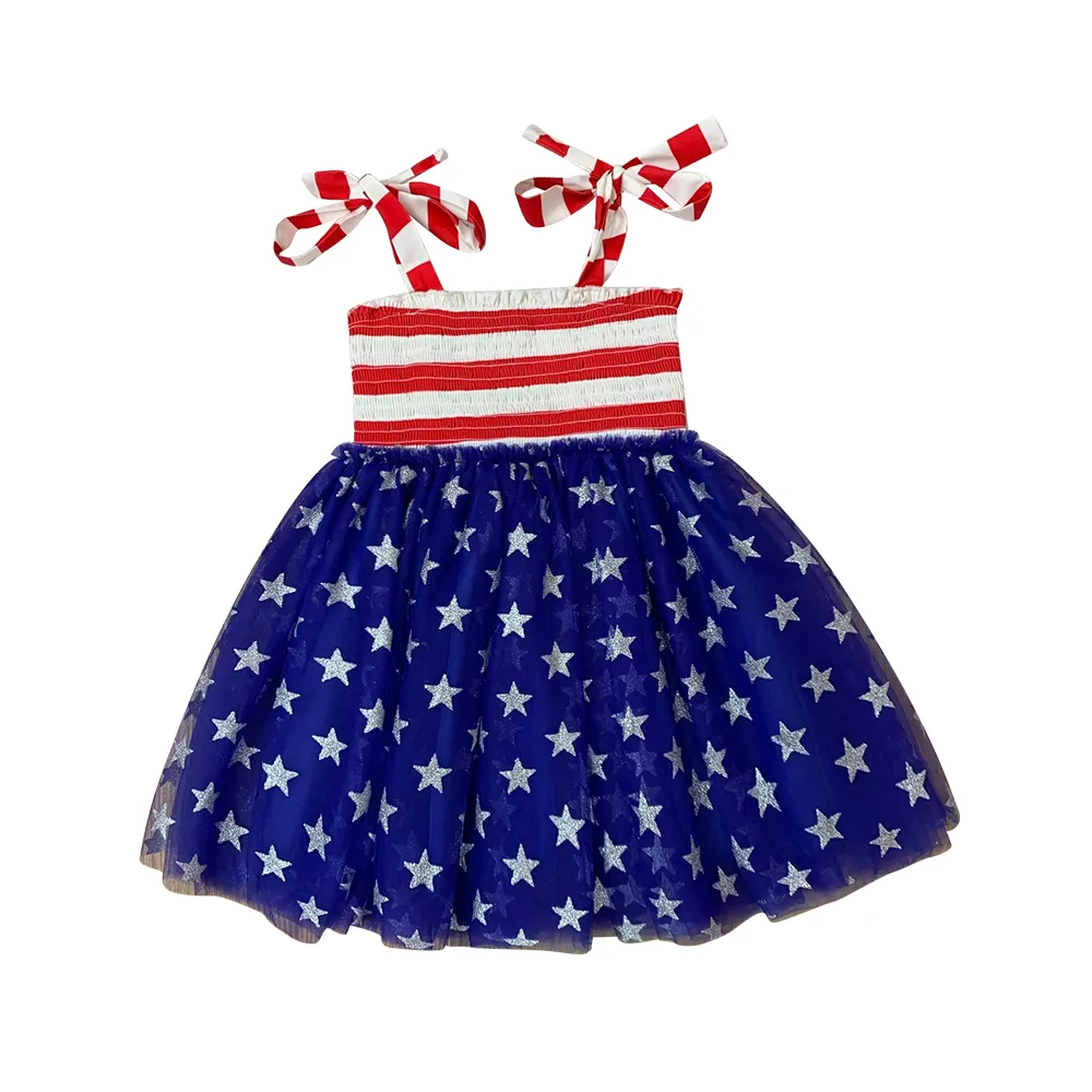 فستان توتو صيفي لامع للفتيات نمط نجوم لامعة فستان صيفي نمط مميز مُزين بطبعة الرياح ذو شريط على شكل علم الولايات المتحدة الأمريكية