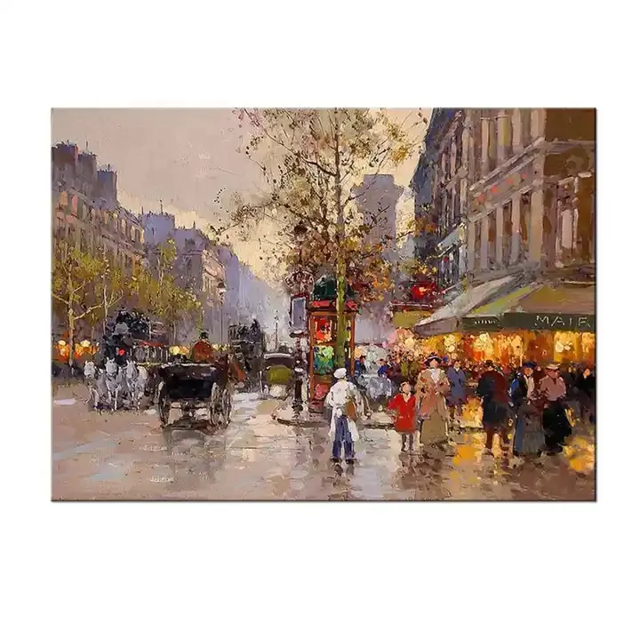 Pintura al óleo hecha a mano pura de escena callejera de París puesta de sol impresionista de alta calidad sobre lienzo