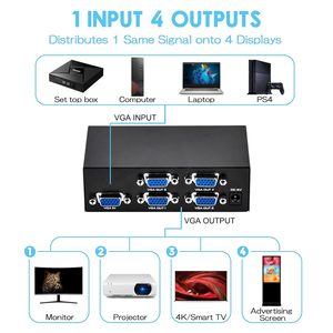 SYONG 4 puertos VGA Splitter PC pantalla Duplicat 1 PC a 4 monitores Video Splitter Box 200MHz Resolución 1920x1400 divisores de señal
