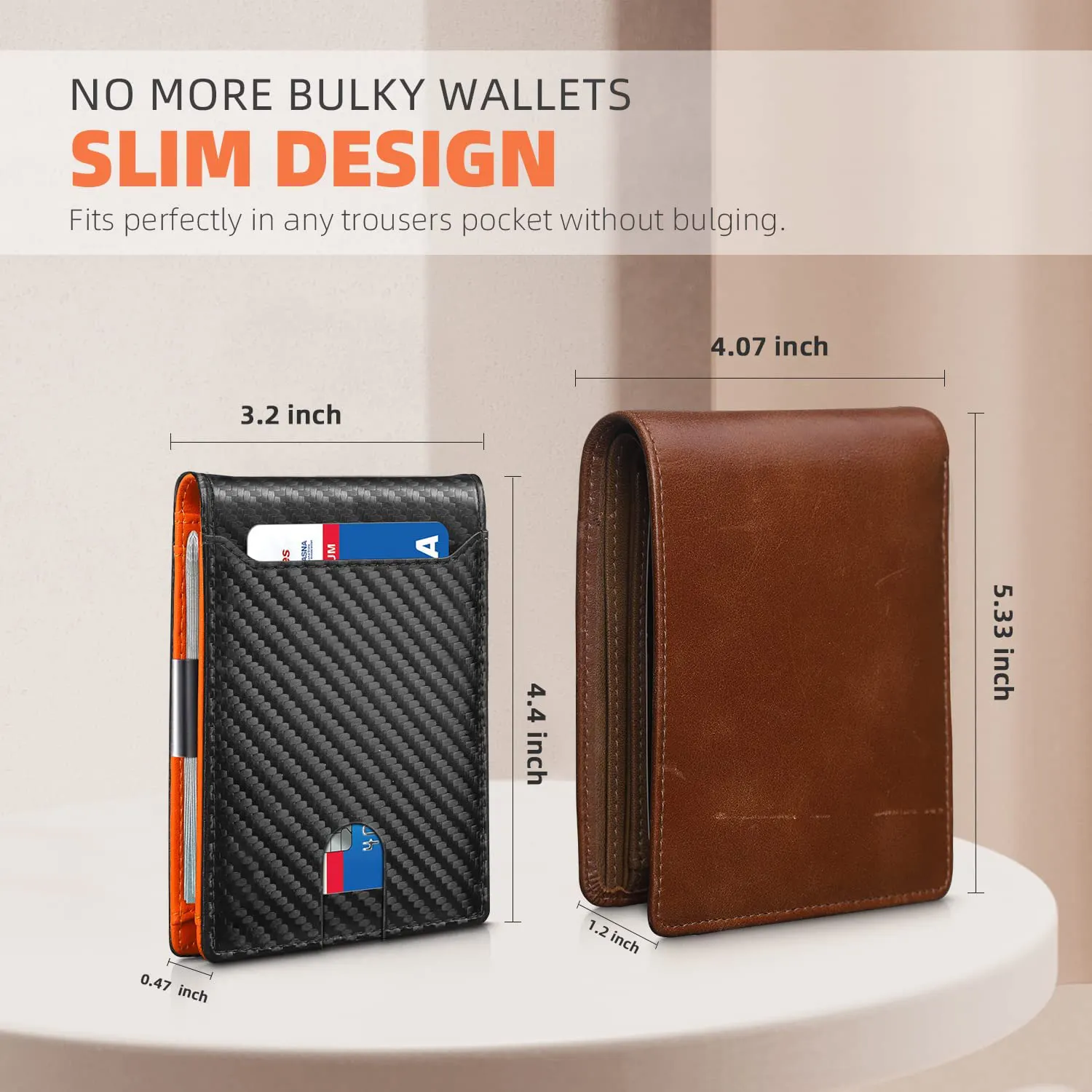 Carteira de couro fino com clipe para dinheiro, porta-cartões de crédito com bloqueio RFID e bolso frontal