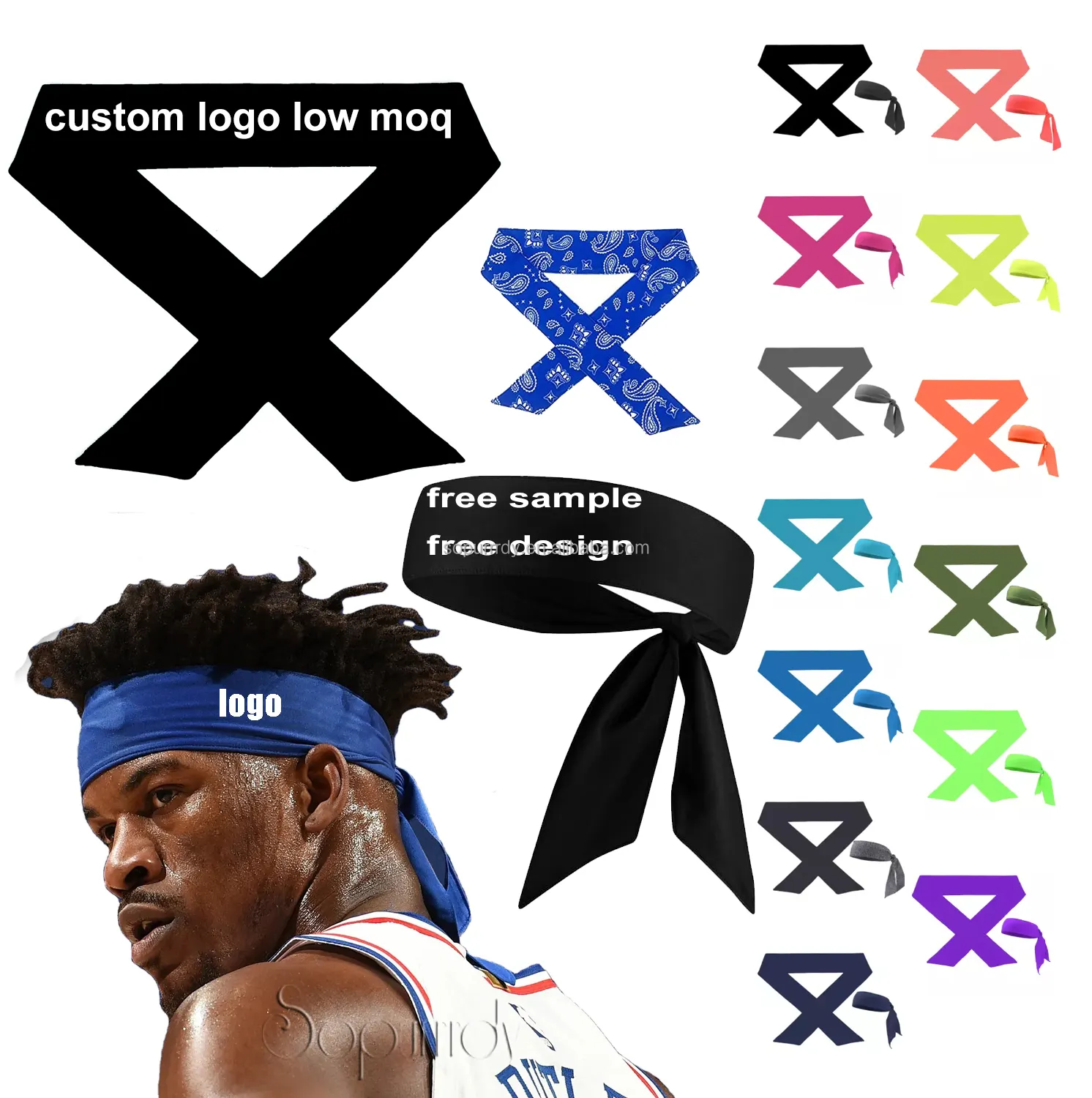 Customised Logo Printed Comfortable Tennis Basketball Elastic Sweatbands Head Wrap Tie Sports Headbands Hairband For Men Women